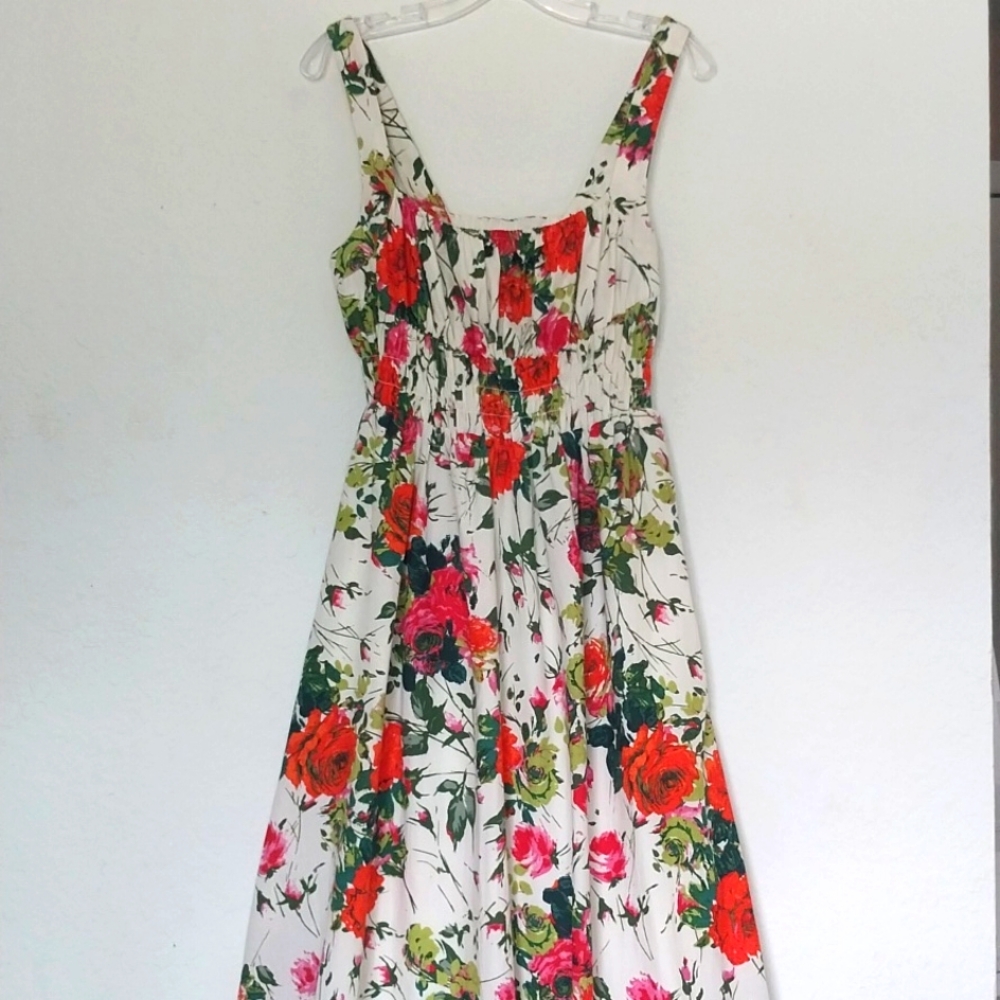 ANTHROPOLOGIE Corset Midi Dress Red White Floral Bra Shelf Smocking Size 8 - Picture 4 of 13